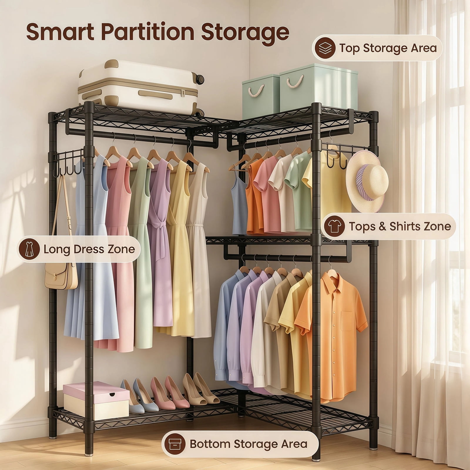 L-Shaped Corner Garment Rack, Heavy Duty Carbon Steel Clothing Rack with 3 Hanging Rods, 5 Shelves & Side Hooks, Adjustable Freestanding Clothes Organizer