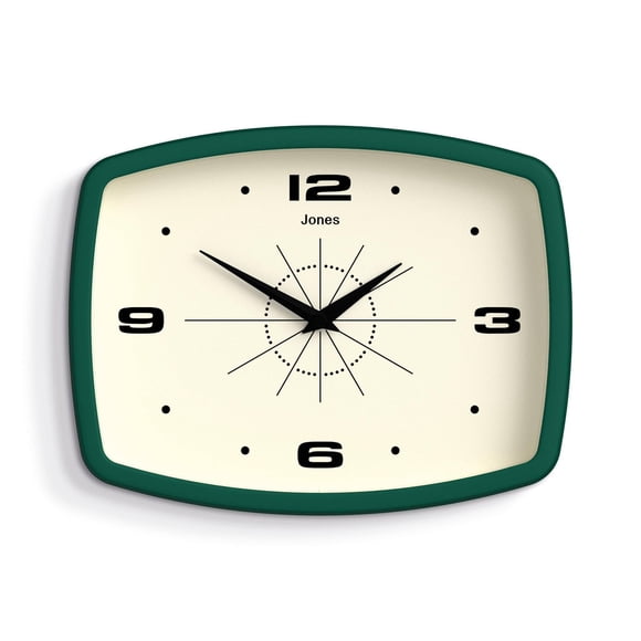 Reloj de pared JONES CLOCKS® Movie Retro 25,5 x 19,5 cm, color verde oscuro