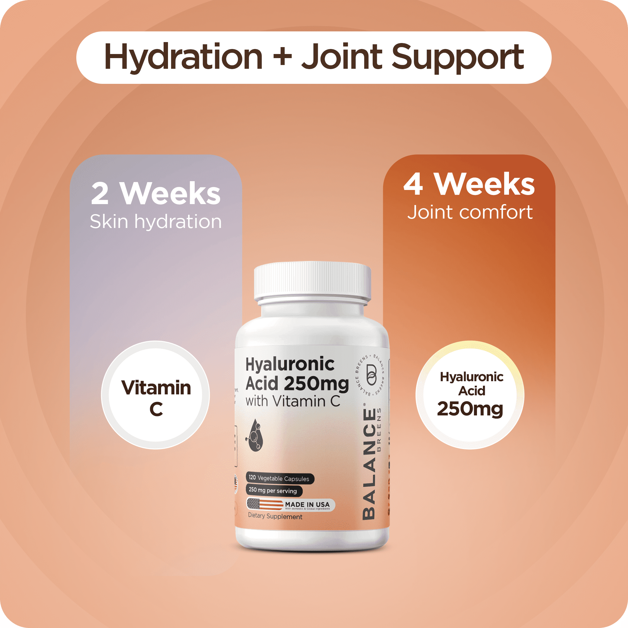 Pure Hyaluronic Acid Supplements 250mg with Vitamin C 50mg - 120 Vegan Capsules - Skin Hydration for Natural Glow - Pure Supplement w/Hair, Nails, Bone & Joint Health Formula