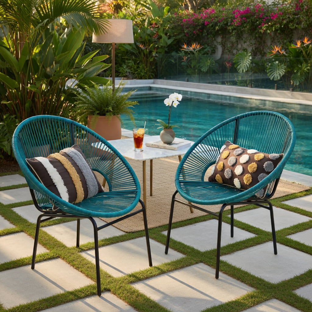 Hommoo 3-Piece Acapulco Patio Bistro Set, Plastic Rope Chairs + Tempered Glass Table for Outdoor Dining, Poolside & Garden, Turquoise