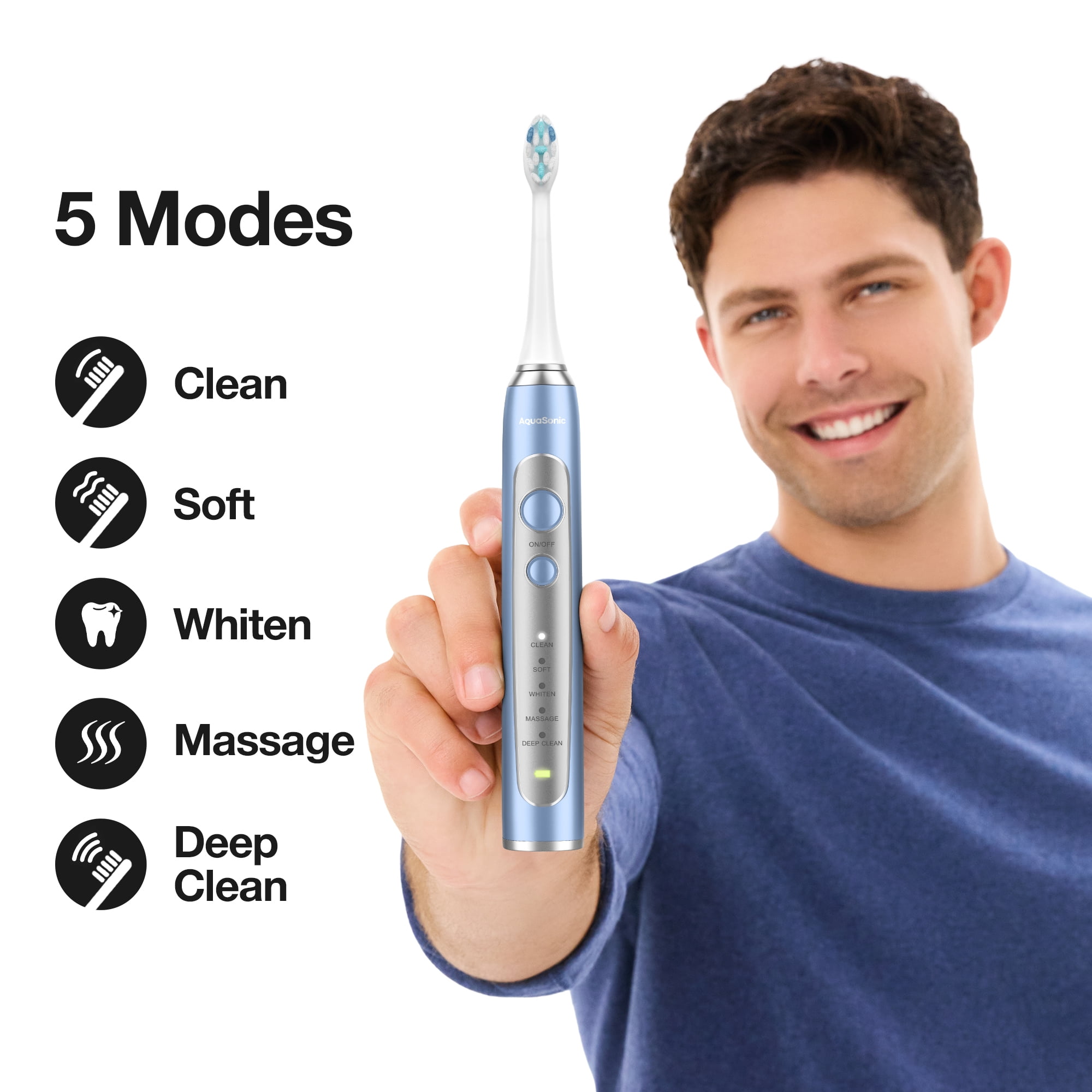 AquaSonic Precision Rechargeable Electric Toothbrush, 5 Modes, 30-Day Battery, Travel Case + 4 ProFlex Brush Heads - Blue