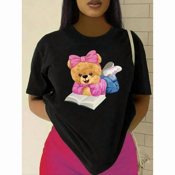 Bear Print Tee Womens Graphic T Shirt Tops Cute Casual Short Sleeve Round Neck Black S-5XL Summer Comfort