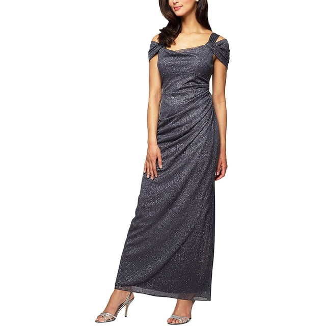 Alex Evenings Womens Plus Size Cold-Shoulder Dress Side Ruched Skirt 22 Plus Smoke Glitter
