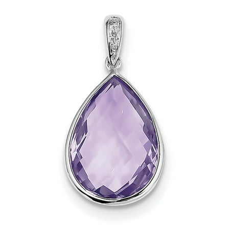 925 Sterling Silver Rhodium Plated Diamond & Pink Quartz (14x27mm) Pendant / Charm