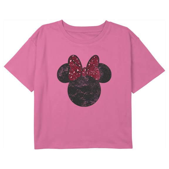 Girl's Mickey & Friends Minnie Mouse Distressed Red Leopard Bow Graphic Cropped T-Shirt Light Pink X Large