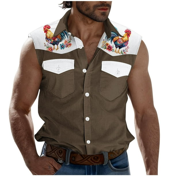 Camisas de Cuello para los Hombres de Moda Casual Imprimir Turndown Cuello sin Mangas Bolsillos Deportivos Tanque, Ligero Top de Verano