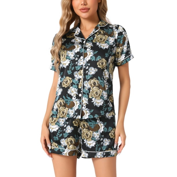 INSPIRAR CHIC Ropa de descanso para mujeres, pijama de verano con camisa de botones y pantalones cortos, conjunto L Flores Negras