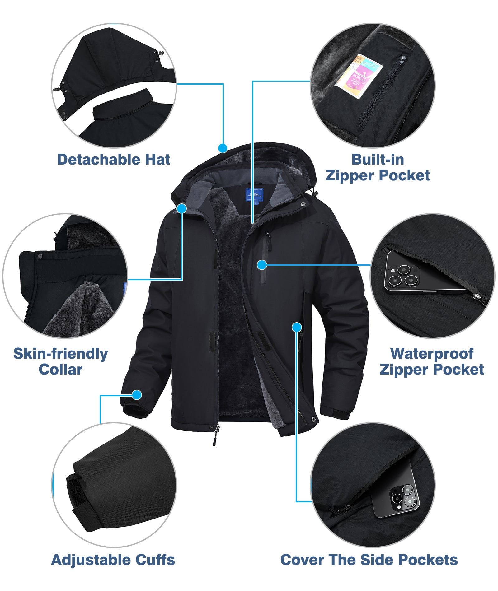 Lavenicole Men's Waterproof Ski Jacket Fleece Lined Warm Winter Snow Coat Mountain Windbreaker Hooded Raincoat
