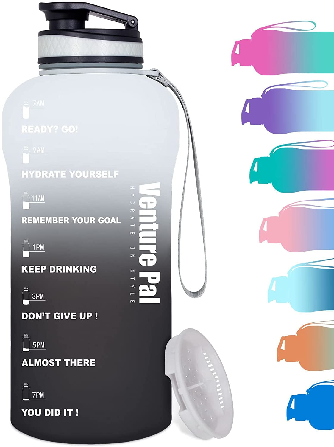 Hydrate in Style Venture Pal Half Gallon/64oz Motivational Water Bottle with Time Marker & Removable Strainer Leakproof BPA Free Water Jug to Remind You Drink More Water 