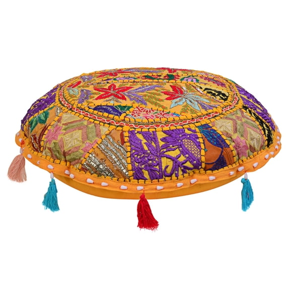 Stylo Culture Indian Floor Pillow Cover Vintage Patchwork Bohemian Seating Mango Yellow Round Throw Pillow 18 Small Decorative Decor Seating Tuffet Seat Pouf Cover Footstool Cotton Embroidered 1 Pc