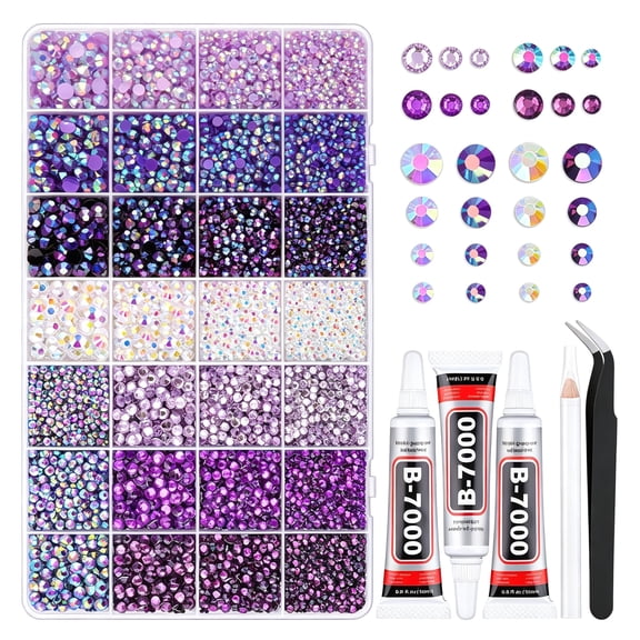 DESIGNICE 20000Pcs Purple Rhinestones for Bedazzling Kit with 3Pcs B7000 Jewelry Glue|Resin Rhinestones for Crafting Crafts，Bedazzler Kit Flatback Gems for Clothing Shoes Tumblers Nail Art