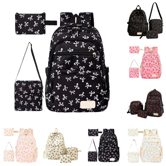 Bow Print Backpack Set, Lightweight School Book Bag With Crossbody Bag And Pouch, Casual Daypack For Students