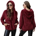 thumbnail image 3 of European and American autumn and winter hooded plush pullover sweatshirt long-sleeved zipper solid color warm jacket with pockets-SoftRed-XL, 3 of 5