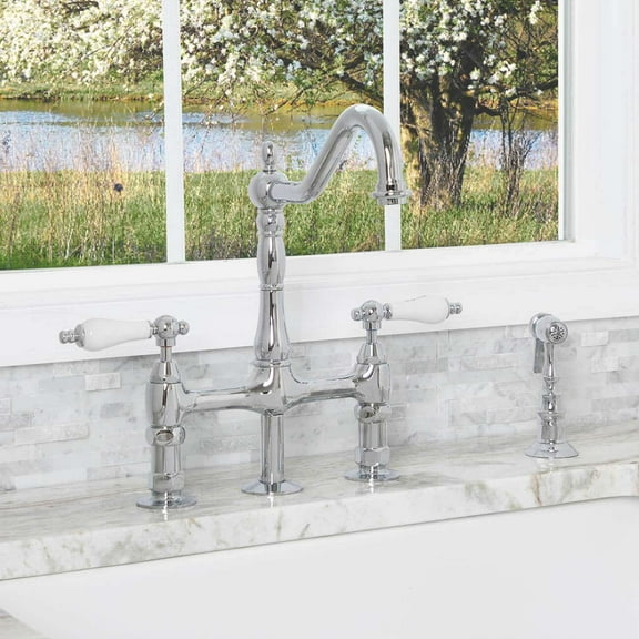 Bridge Style Kitchen Faucet with Porcelain Lever Handles