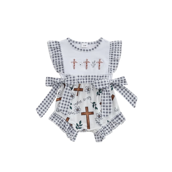 aturustex Toddler Baby Girls Plaid Romper 0 3M 6M 12M 18M Infant Ruffle Sleeveless Bodysuits Cross Embroidery Smocked Jumpsuits Round Neck Rompers Lit Cute Casual Daily Spring Summer Outfits