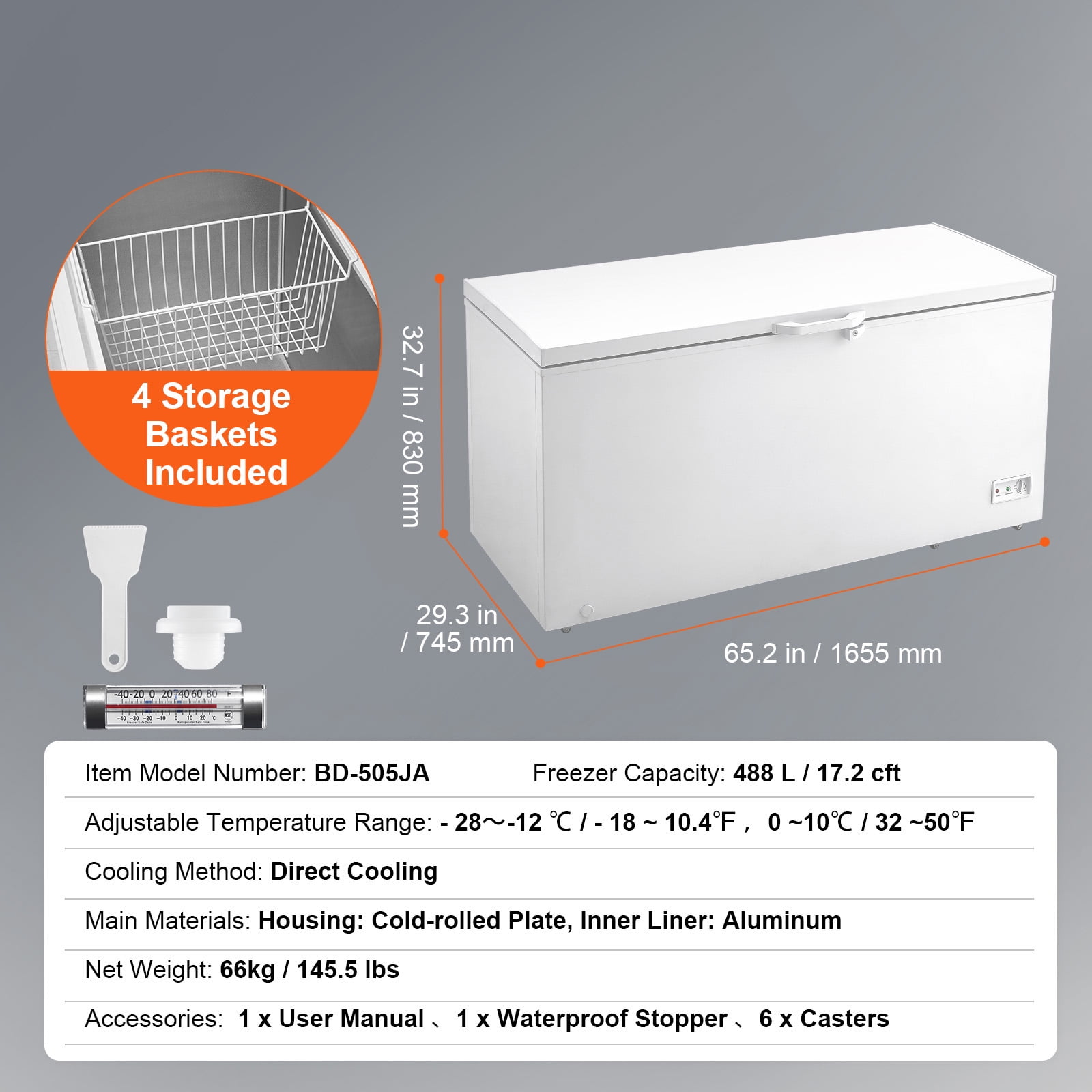 KFFKFF 17 Cu.ft Freestanding Chest Freezer, Large Capacity Deep Freezer with 4 Removable Baskets, Lockable Lid, Adjustable Temperature Range -18.4℉ to 50℉, LED Light, and 6 Wheels