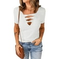 thumbnail image 2 of USSUMA Summer Tops for Women Trendy Sexy Cut Out Short Sleeve Dressy Shirts Blouses V Neck Women's Tops Summer 2022 Solid Color Hollow Out Casual Tshirts Tunic Plus, 2 of 8