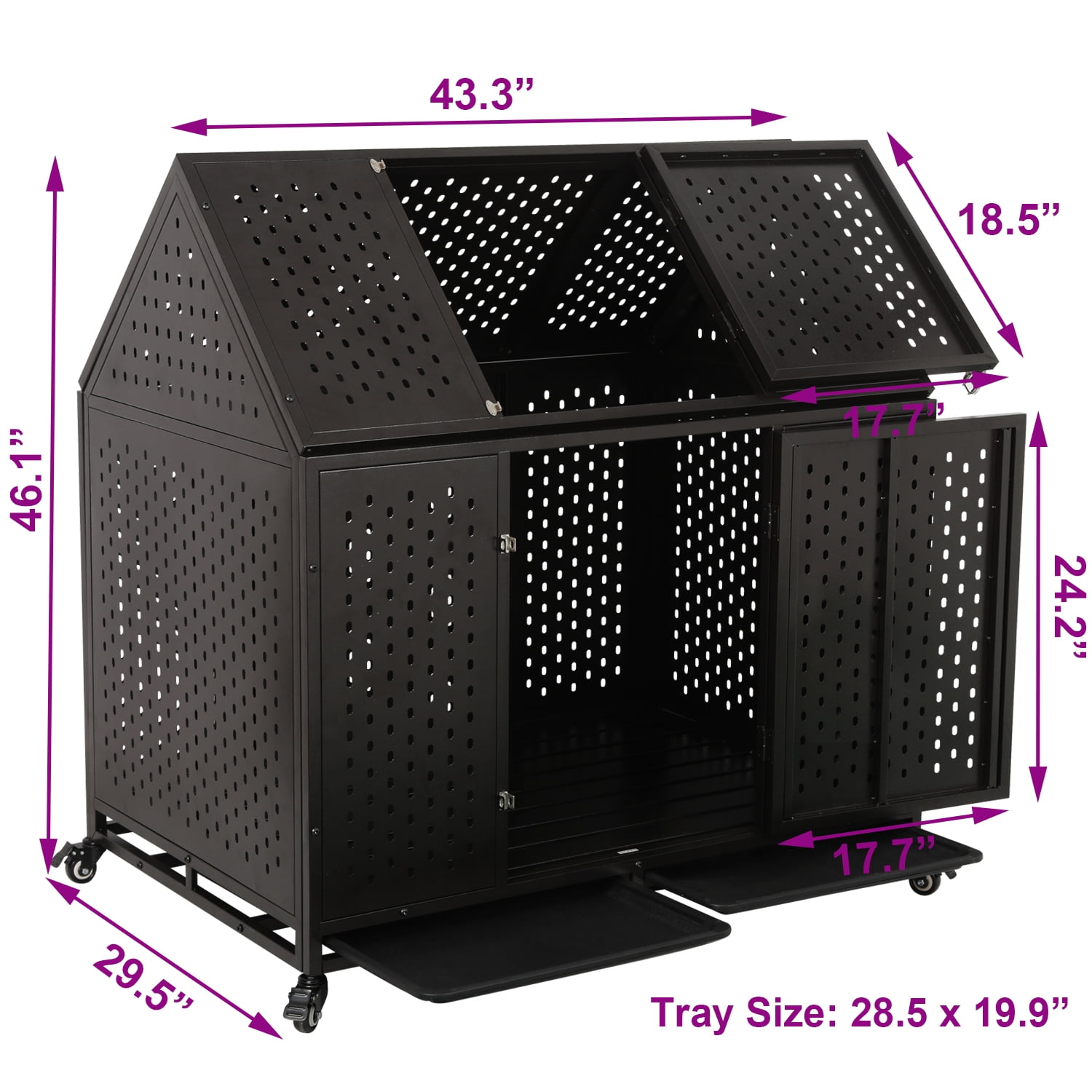 44 Inch Heavy Duty Indestructible Dog Crate with Wheels, Steel Escape-Proof Indoor Double Door High Anxiety Cage, Durable Chew-Proof Strong Kennel with Removable Tray for Large Medium Dogs