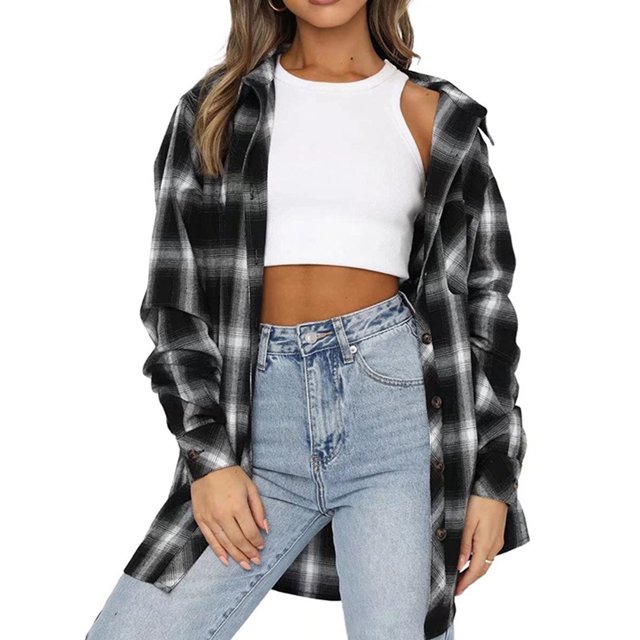 Camisa a cuadros de manga larga con bolsillo de solapa, Tops sueltos informales con un solo pecho para mujer