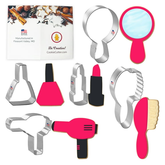 Diva Cookie Cutter Set - 5 Pieces - 2.75 in Nail Polish, 3.75 in Mirror, 3 in Hair Dryer, 2.75 in Lipstick, 4 in Hair Brush