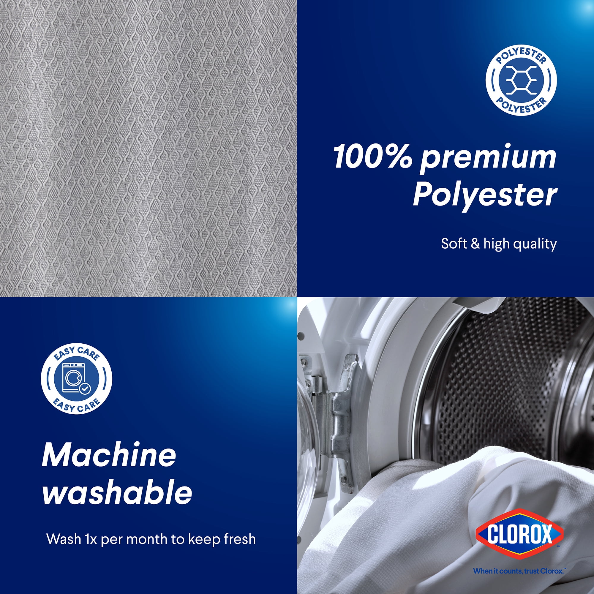 Clorox Waterproof Fabric Shower Curtain, Durable Fabric, Weighted Magnets - Gray, 72" x 72"