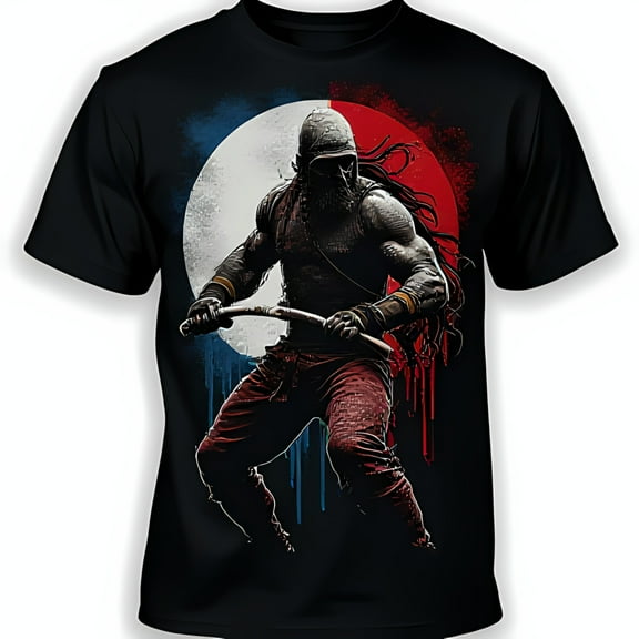 Graphic Black T-Shirt with and Design Bold Red and Blue Background