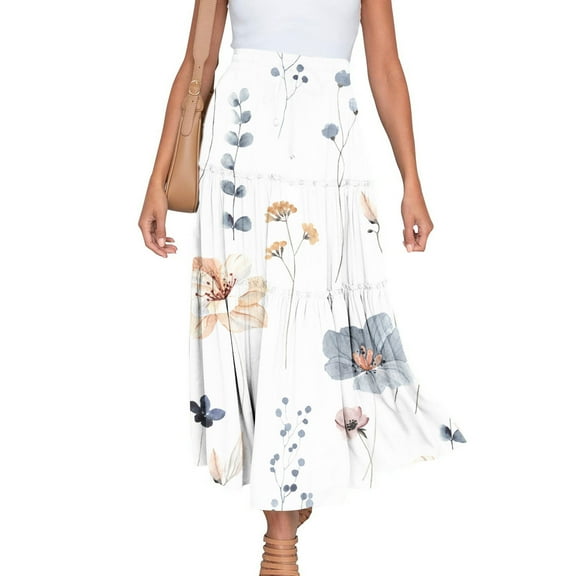 ShomPort Boho Midi Skirts for Women Elastic High Waist Flowy Swing Long Skirts Loose Comfy A-Linen Summer Skirts (X-Large, White)