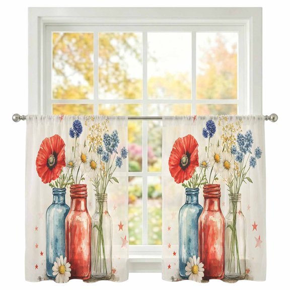 Flowers in Vase Sheer Curtains 45 inches Long, Vintage Spring Red Blue Floral Light Filtering Sheer Window Curtains Rod Pocket Voile Drapes for Bedroom Living Room, 2 Panels