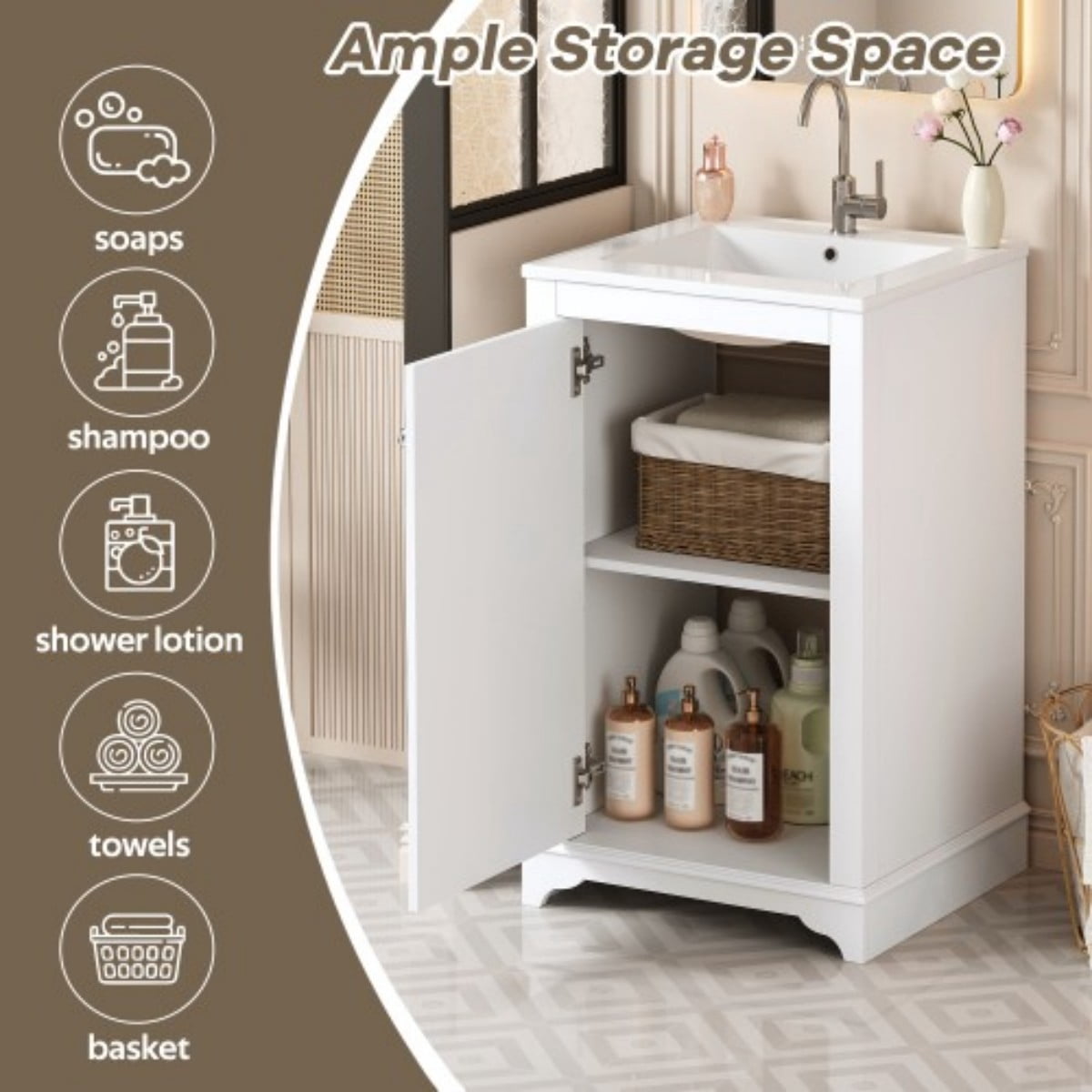 20" Bathroom Vanity with Ceramic Sink, Freestanding Bathroom Vanity Cabinet with Adjustable Shelf, Soft Close Door, Solid Wood Frame, Modern Green Vanity for Small Bathroom, White