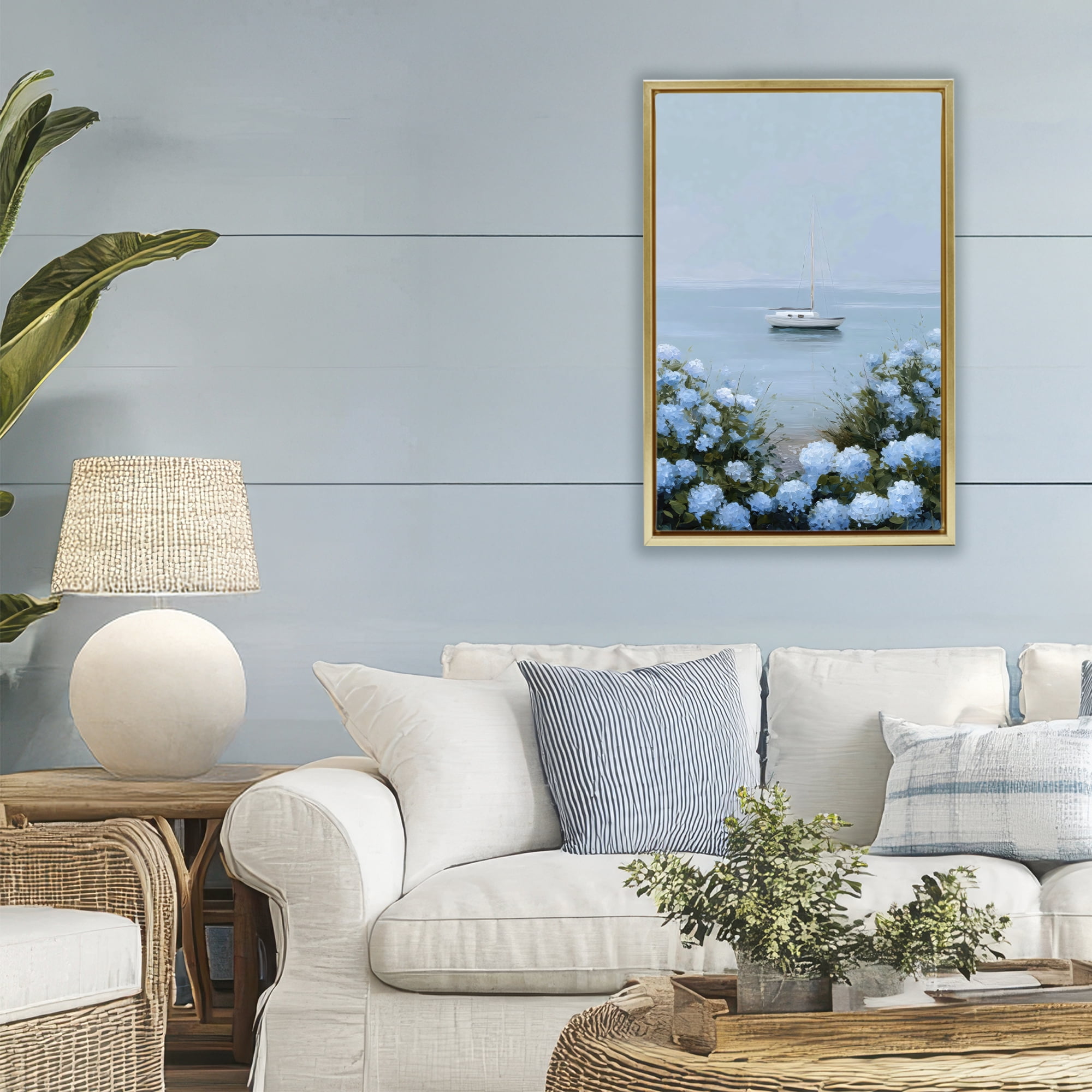 Stupell Industries Yacht in Floral Bay Gold Framed Floater Canvas Wall Art, design by Petal Prints Design