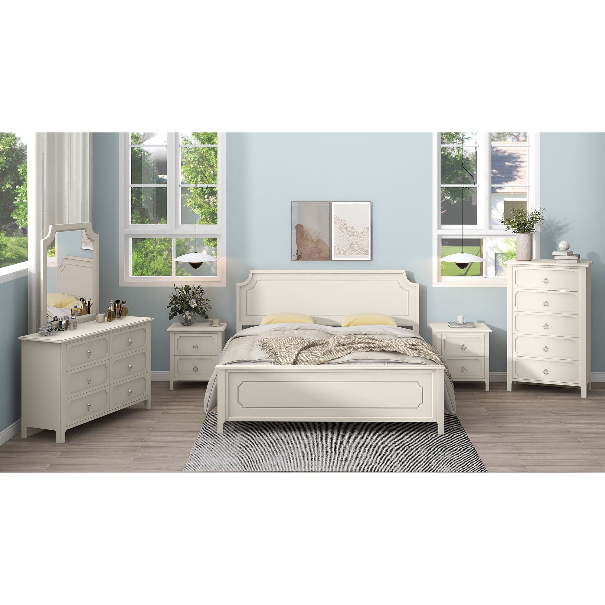 Resenkos 6 Pieces Solid Wood Bedroom Furniture Set King Size Platform Bed, Set of 2 Nightstand Chest, Mirror and Dresser Milky White Resenkos 6 Pieces Solid Wood Bedroom Furniture Set King Size Platform Bed, Set of 2 Nightstand Chest, Mirror and Dresser Milky White