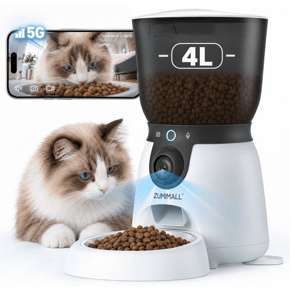 ZUMIMALL Automatic Pet Feeder with 2K Camera, 167° Wide-Angle View, AI Bark & Meow Detection, 2-Way Audio, 5GHz & 2.4GHz WiFi, 4L Smart Pet Feeder for Cats and Dogs