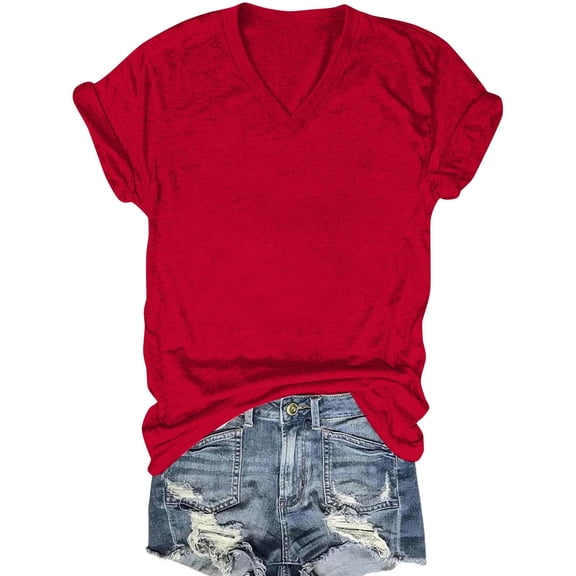 Staron Women's Casual V-Neck Short Sleeve T-Shirt Basic Solid Color Top Layering Loose Fit Everyday Tee, Red M