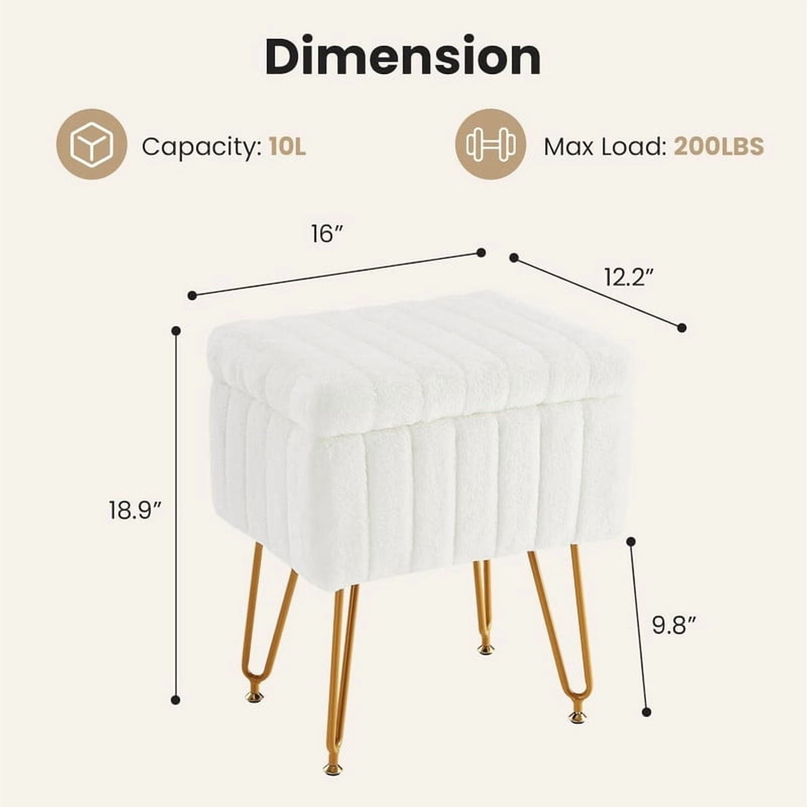 Kelno Vanity Stool Chair Faux Fur Padded Seat Ottoman with Hidden Storage Metal Legs with Anti-Slip Feet,White