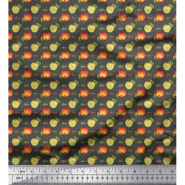 Soimoi Gray Japan Crepe Satin Fabric Text & Fruits Decor Fabric Printed Yard 42 Inch Wide