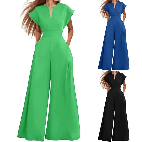 Kctiaxy Wide Leg Pants for Women High Waist V Neck Short Sleeve Jumpsuit with Zipper Summer Casual Palazzo Pants