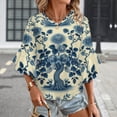 thumbnail image 3 of Beautiful Vintage Blue Chinoiserie Toile Women's V-Neck Blouse With 3/4 Ruffled Bell Sleeves Casual Top Ladies Blouses, 3 of 7
