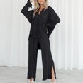 thumbnail image 7 of STETMN Women's Pleated 2 Piece Outfits Button Long Sleeve Blouse Split Wide Leg Pants Lounge Sets, 7 of 7