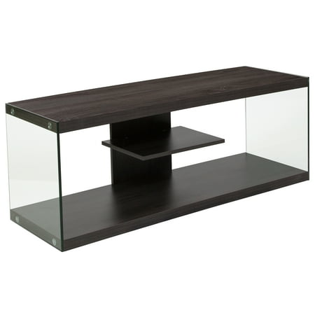 - Flash Furniture Cedar Lane Collection Driftwood Wood Grain Finish TV Stand with Shelves and Glass Frame