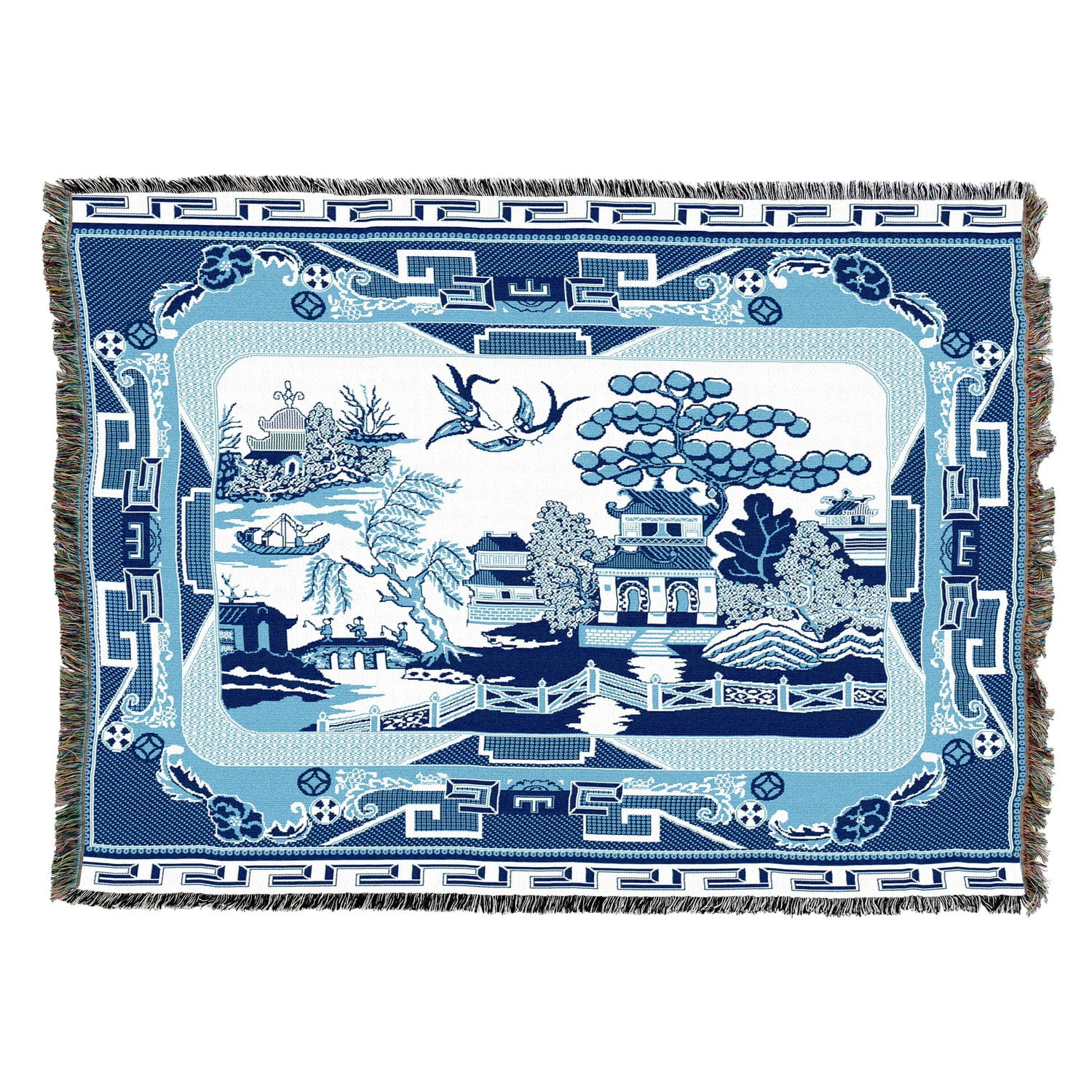 Blue and White Chinoiserie Pagoda Landscape Woven Blanket 100% Cotton Bird Bridge and Pine Motif