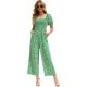 thumbnail image 1 of Love Welove moda mujer Floral manga corta cintura alta pantalones de pierna ancha Casual suelto recogido mono verde con flores blancas medio, 1 of 5