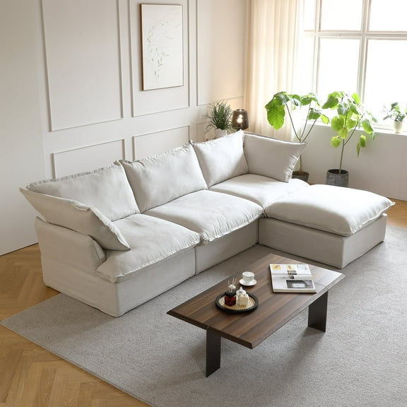 bokifol Sectional Sofa L Shaped Cloud Couch with Ottoman,3 Seats with Armrest and Easy to Assemble Sofa for Living Room,Apartment and Small Space,Beige