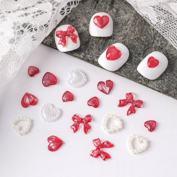 Colgantes para uñas JUNCHAO de resina 3D con forma de corazón rojo y rosa de San Valentín, 50 unidad