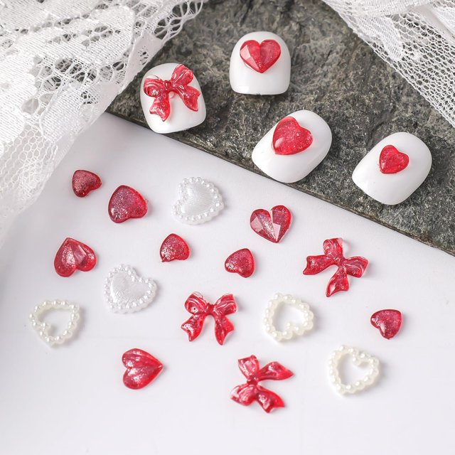 Colgantes para uñas JUNCHAO de resina 3D con forma de corazón rojo y rosa de San Valentín, 50 unidad