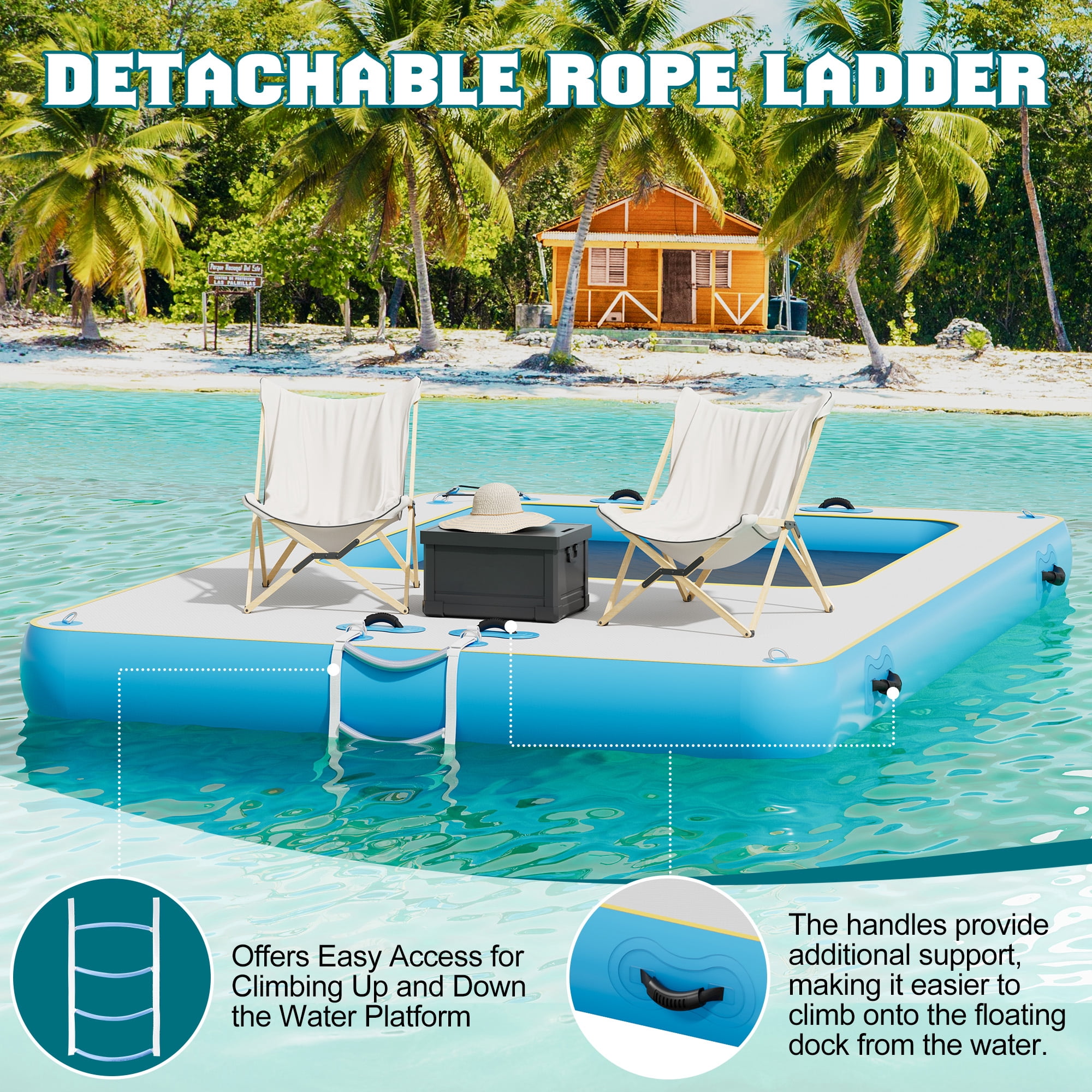 Jocisland Inflatable Floating Dock, Non-Slip Air Dock Platform loating Island Raft with Rope Ladder and Water Zone for Pool Lake Beach Ocean (12*8FT)
