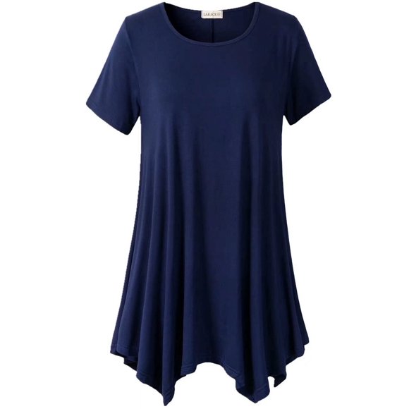 LARACE Chemises à Manches Courtes pour Femmes, Hauts Grande Taille, Vêtements d'Été Décontractés, Tunique Asymétrique (Bleu Marine 3X)
