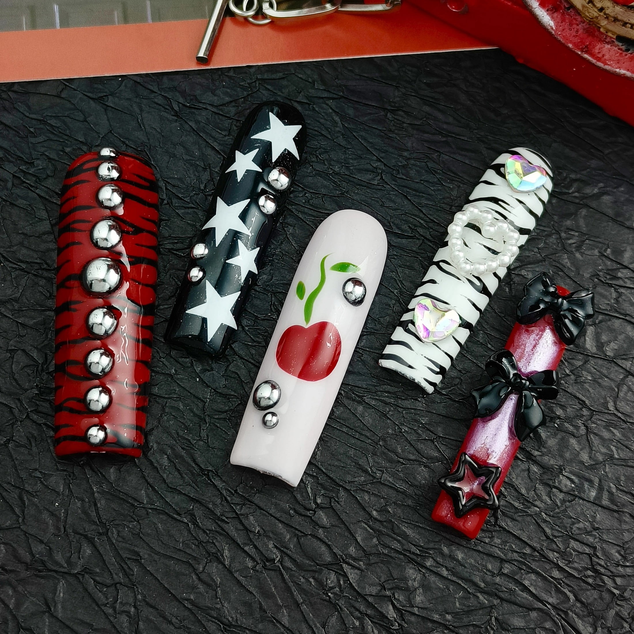 10pcs Square Long Handmade Y2K Nails - Black White Red Pink Designs, 3D Stars, Hearts, Bows & Rhinestones, Summer Cool Edgy Goth Press On Nails