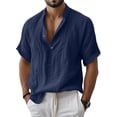 thumbnail image 2 of Men's Cotton Linen Henley Shirt 2026 Short Sleeve Button Down Shirts Solid Casual Summer Beach T-Shirts Navy M, 2 of 7