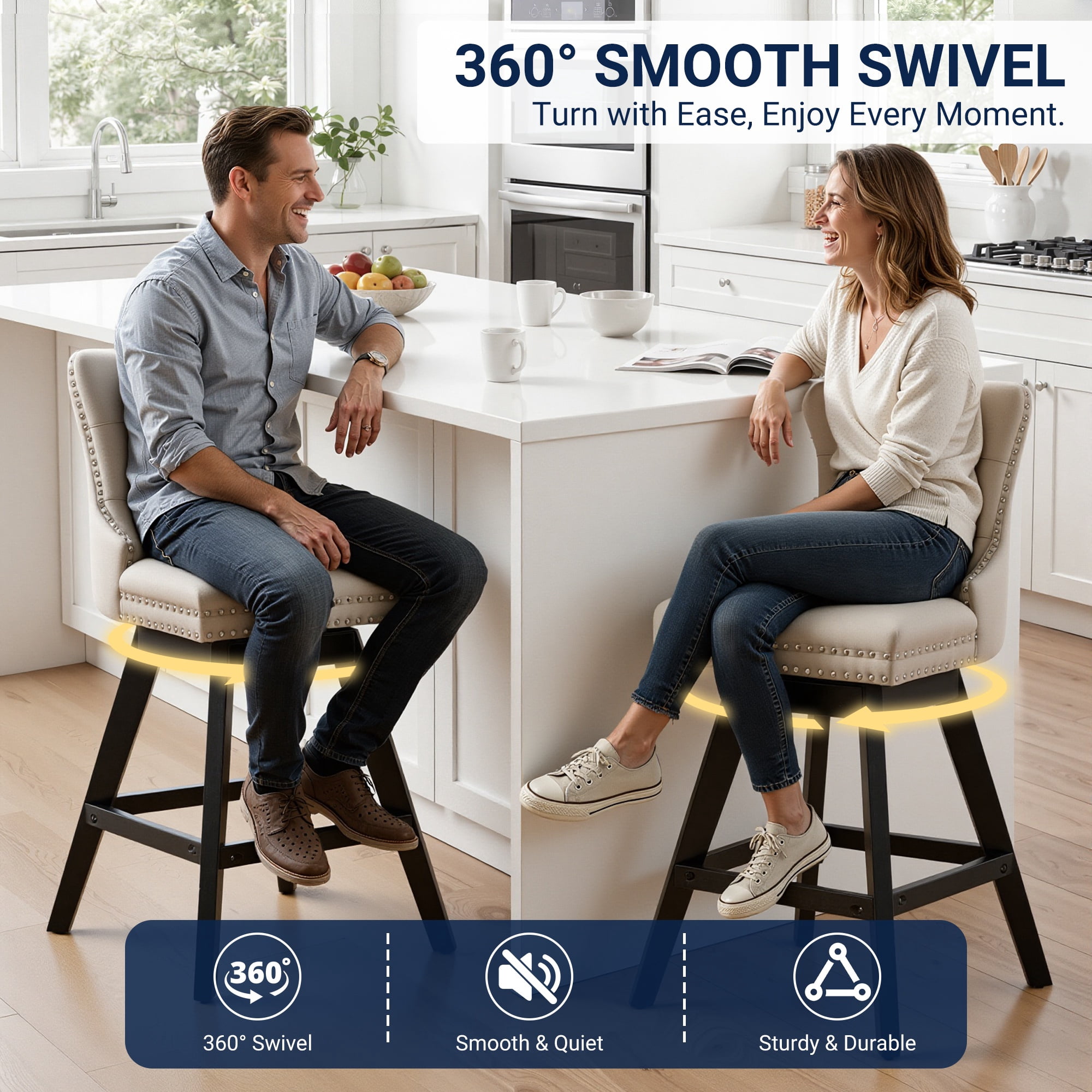 Swivel Counter Height Bar Stools Set of 2, LEGAHOME Farmhouse Velvet Bar Stools with Back for 34–38" Kitchen Island, Armless Wooden Bar Chairs for Home Bar, Beige (Set of 2)