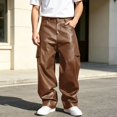 thumbnail image 3 of CONZONE Mens Pu Leather Pants Wide Leg Baggy Motorcycle Pants High Waist Fashion Streetwear Fall Winter Trousers with Pocket, 3 of 8